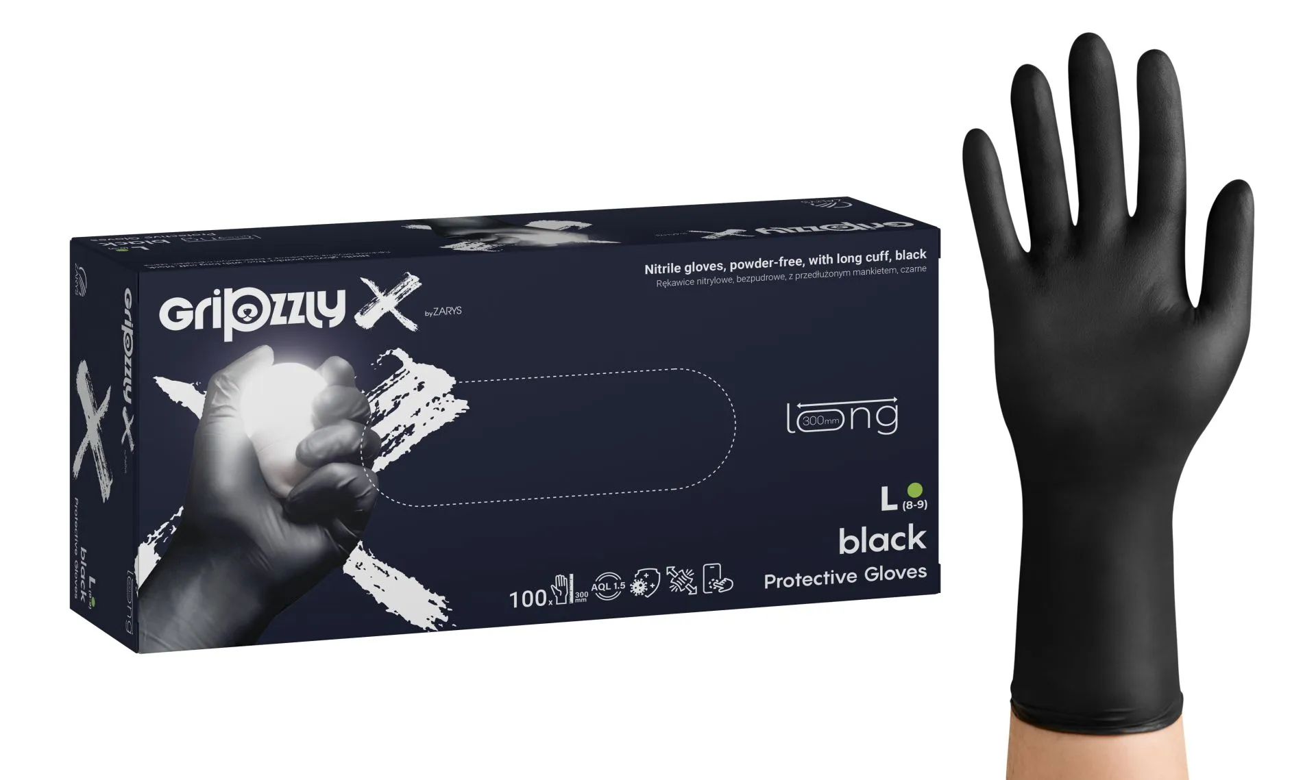 Gripzzly_X Nitrile gloves, pf, extended cuff, black
