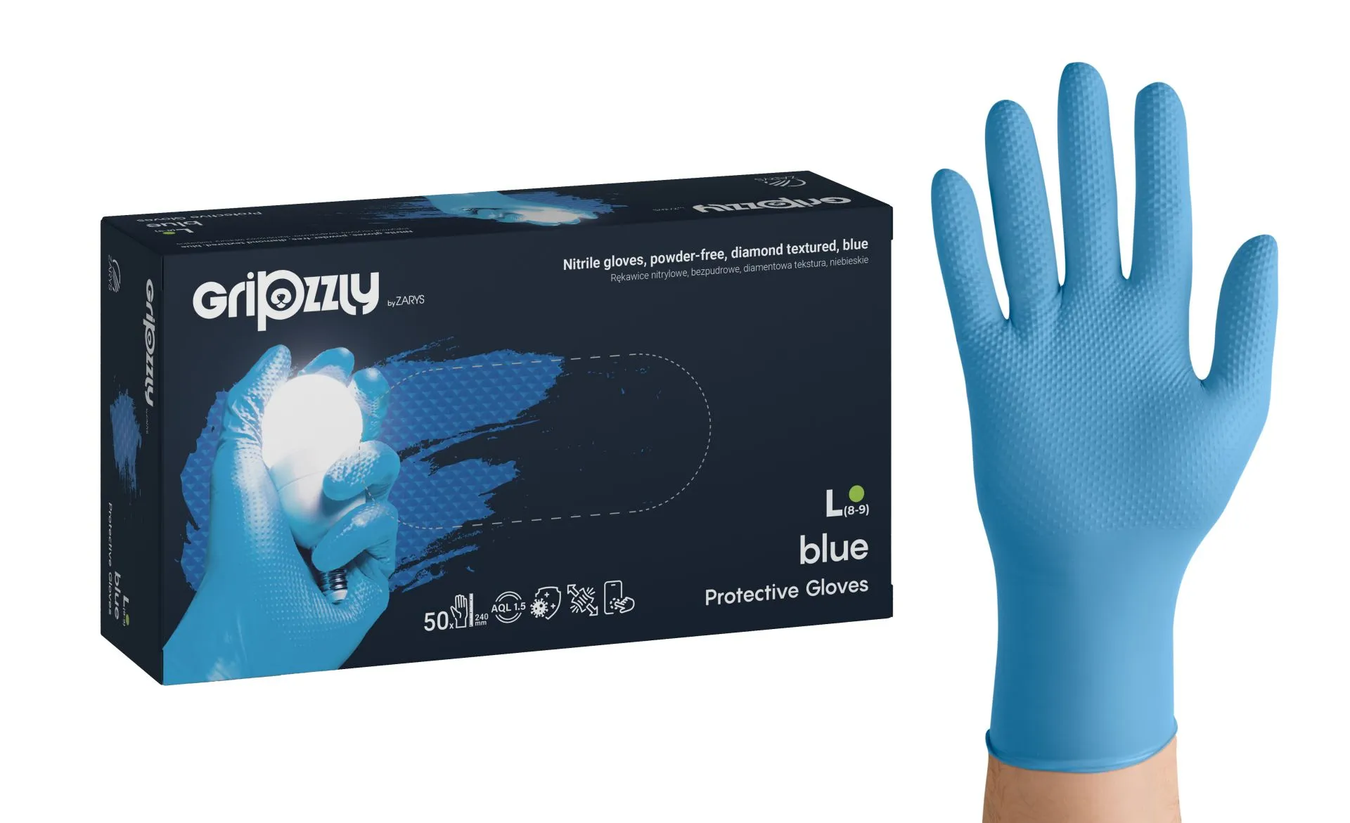 Gripzzly Nitrile gloves, powder-free, diamond tex. blue