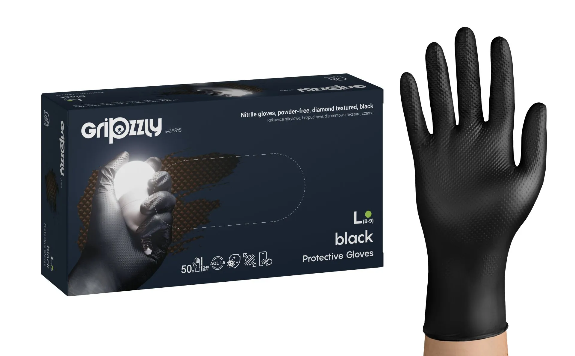 Gripzzly Nitrile gloves, powder-free, diamond tex. black