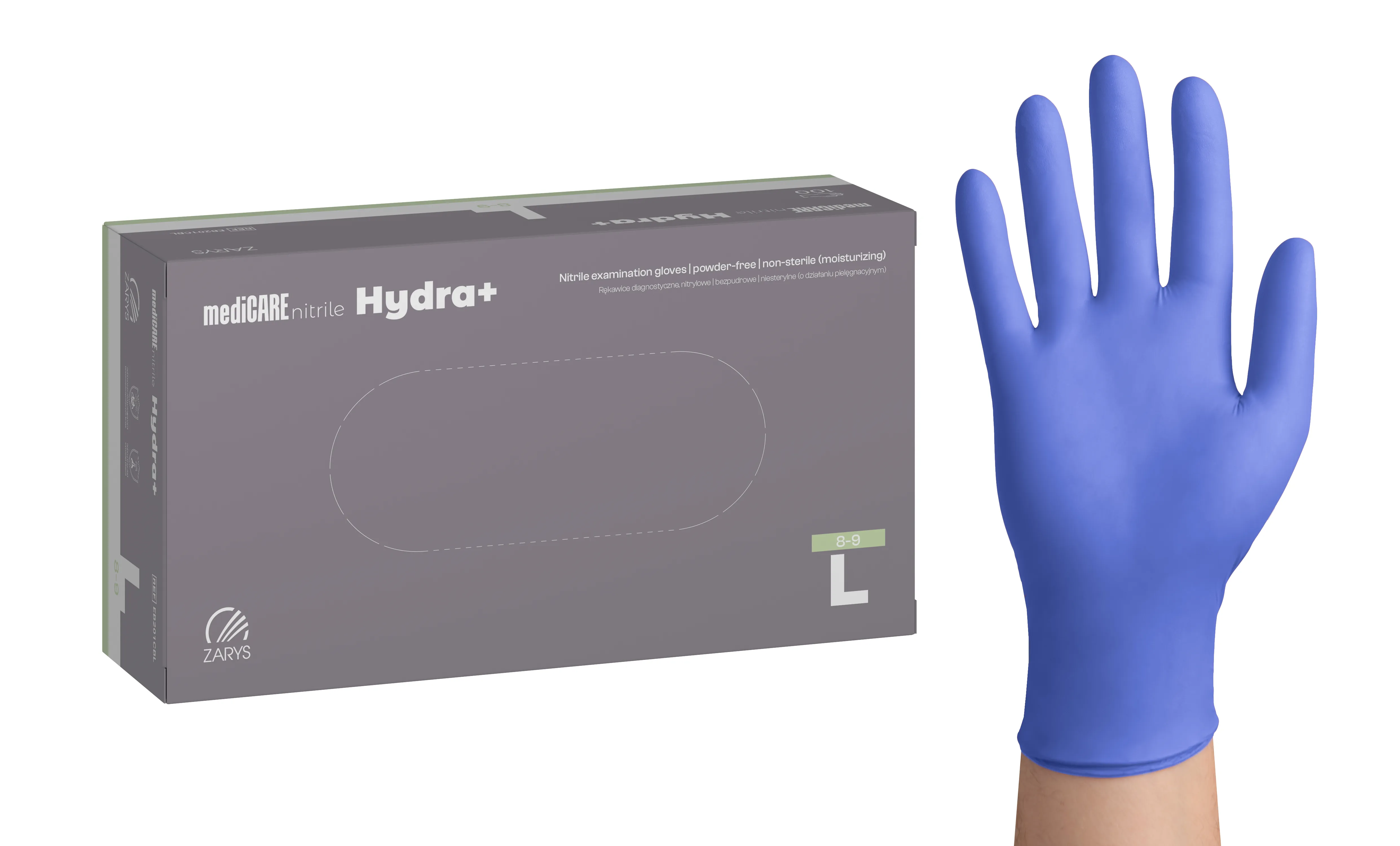 mediCARE nitrile Hydra+ moisturizing gloves, violet blue