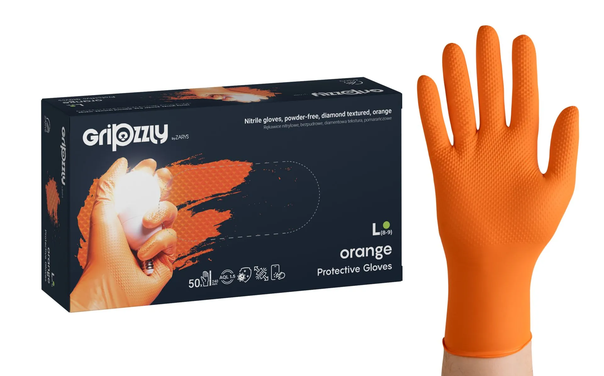 Gripzzly Nitrile gloves, powder-free, diamond tex. orange